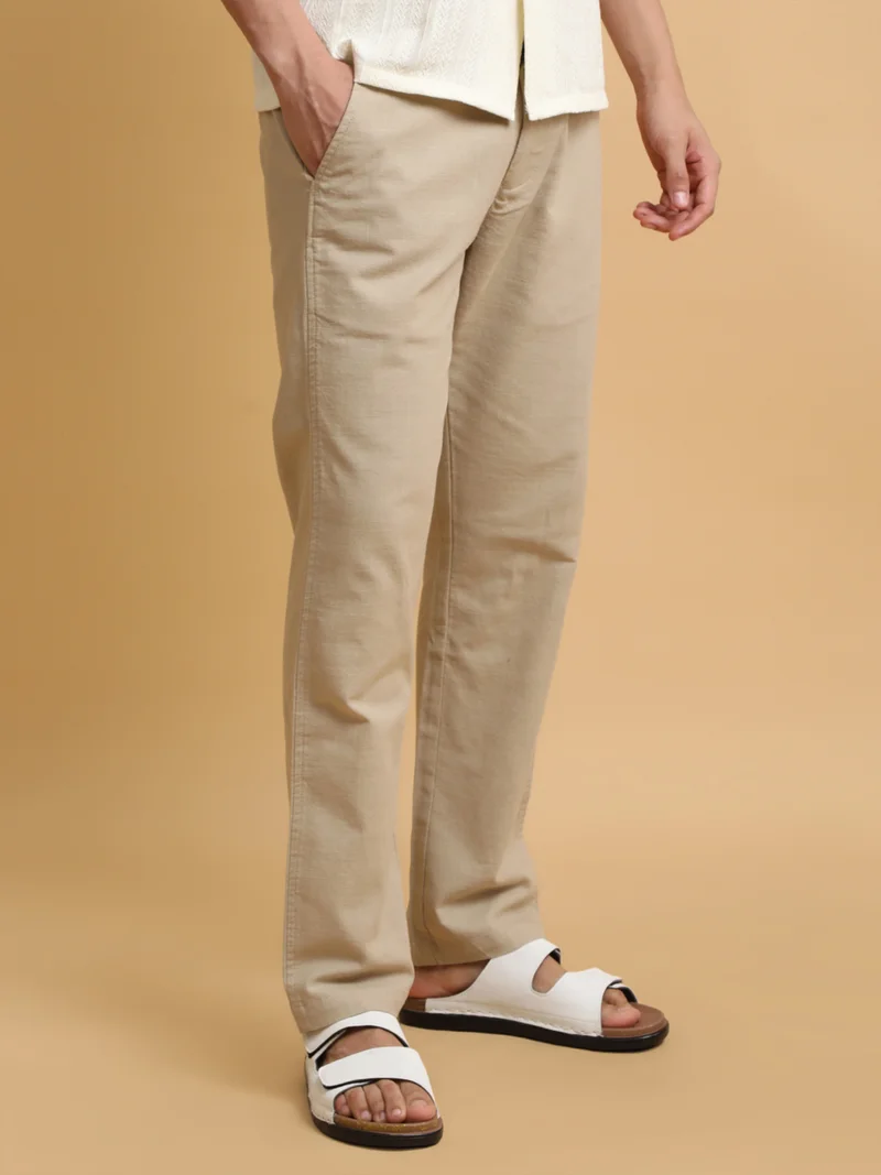 مانياك Maniac Mens Italy Linen Solid Beige Cotton Trouser